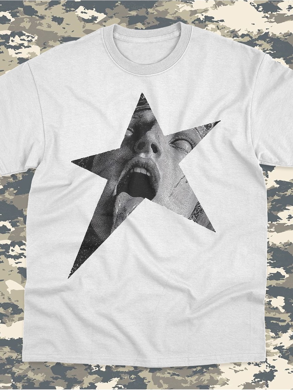 White Graphic Star Men's T‑Shirt with Black Photo Print
